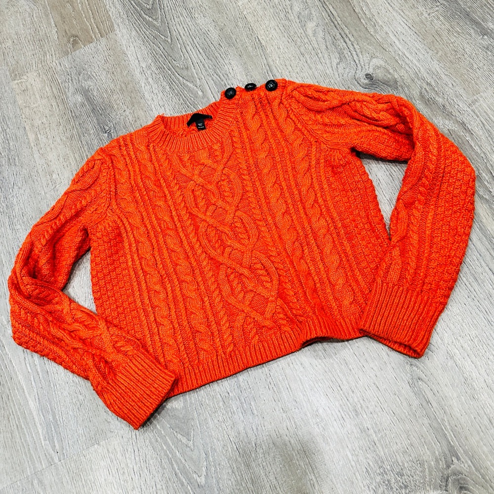 Topshop Sweater Womens 6 Orange Cable Knit Sweater Shoulder Button Crew Neck